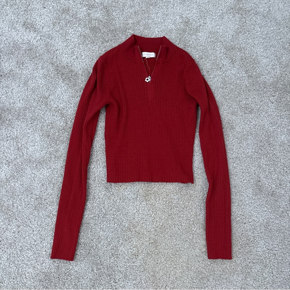 La Hearts Red Ribbed Half-Zip Long Sleeve Top